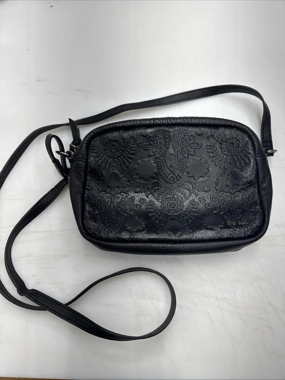 The Sak De Young Leather Camera Bag Crossbody Black Floral Embossed